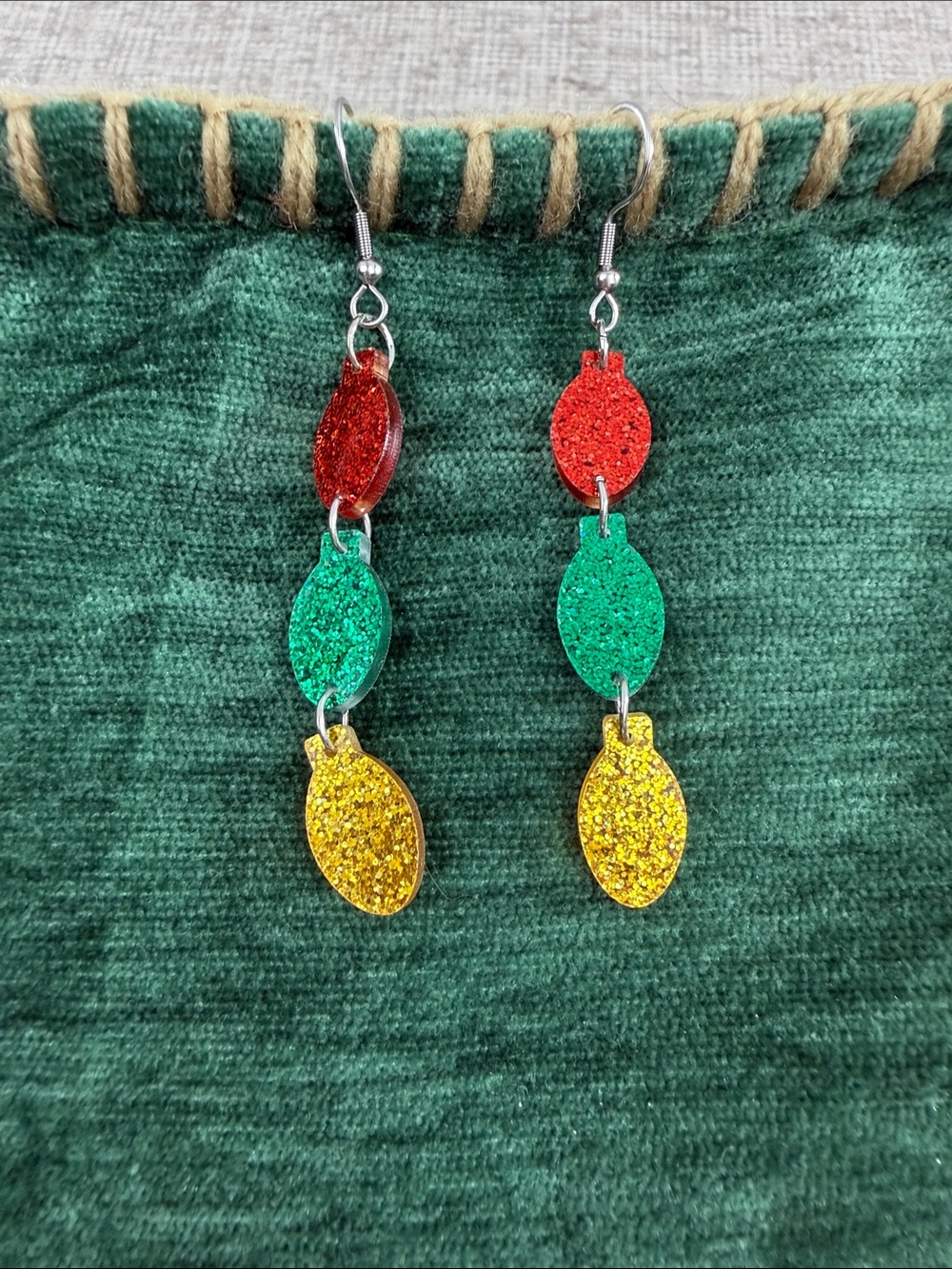 Handmade Glitter Drop Earrings in Red, Green & Yellow